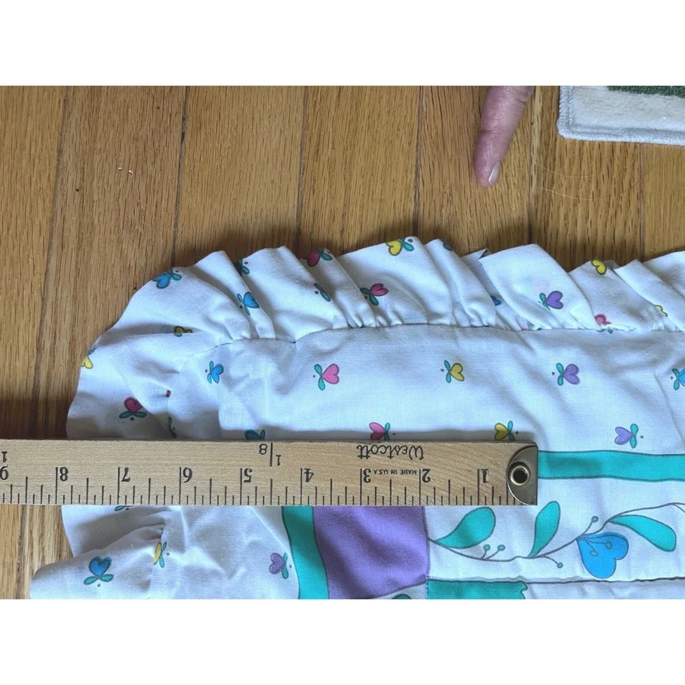 Vintage 80s Baby Quilt Blanket Ruffled Teddy Bear Pig Sheep Alphabet White 44x34